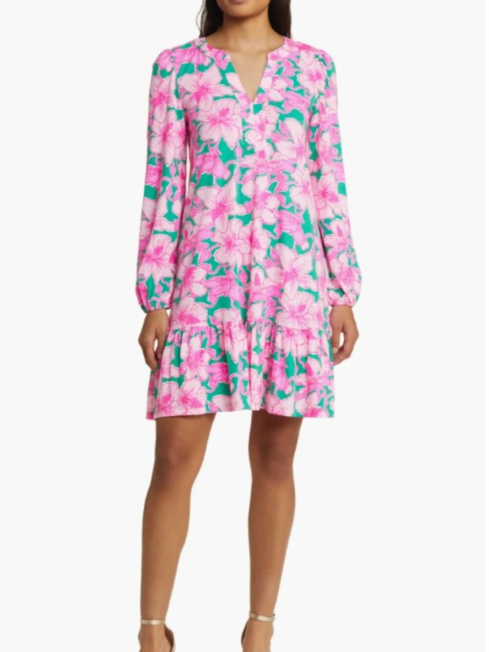 Lilly Pulitzer Alyssa Long Sleeve Cotton Shift Dress Pink Green Hibiscus Size S